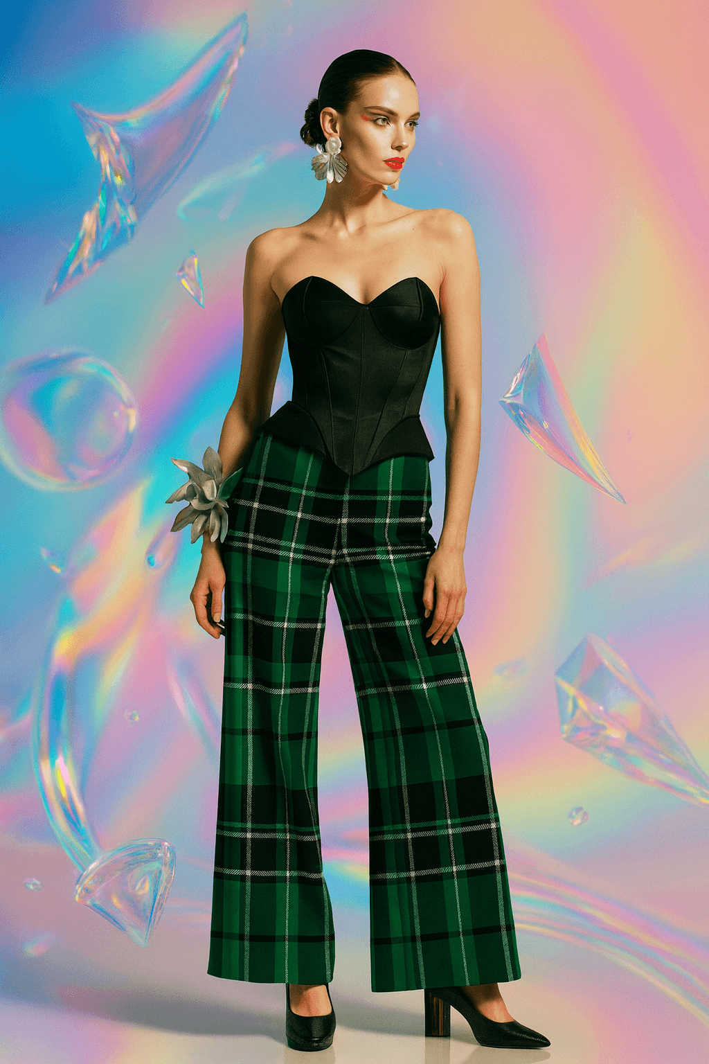 Angelic Blessings Green Tartan Wide leg pants styled with a black strapless corset top and black heels