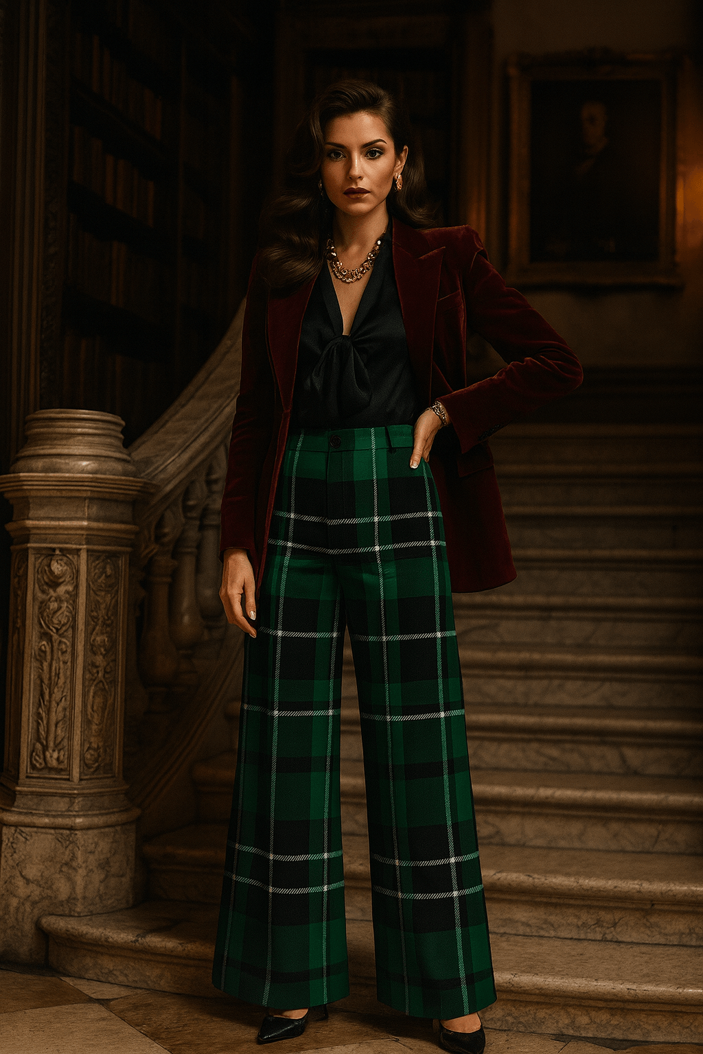 Angelic Blessings green tartan wide leg pants styled with a black blouse and maroon blazer on a model indoors