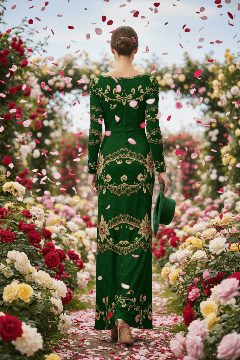 Woman wearing green velvet maxi dress evening gown with gold embroidery standing in a garden full of roses