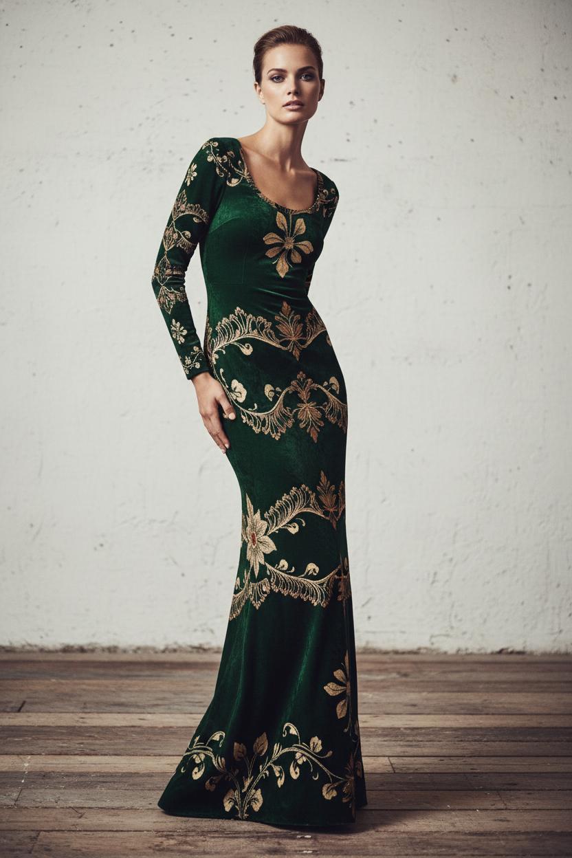Soft sheen of green velvet fabric with gold baroque detailing on maxi dress
