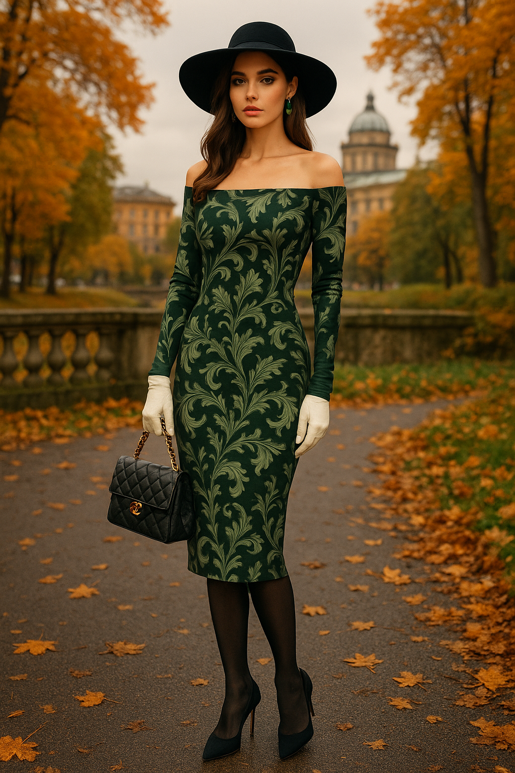Woman wearing Green Victorian Damask Off Shoulder midi bodycon wrap dress with black hat and gloves in autumn park