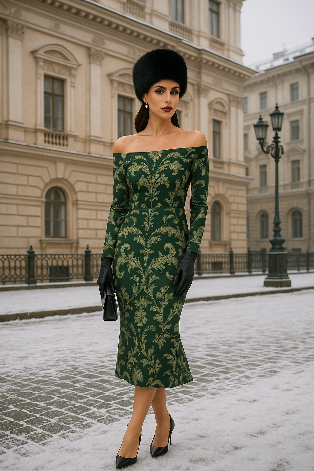 Woman wearing Green Victorian Damask Off Shoulder midi bodycon wrap dress in snowy city street
