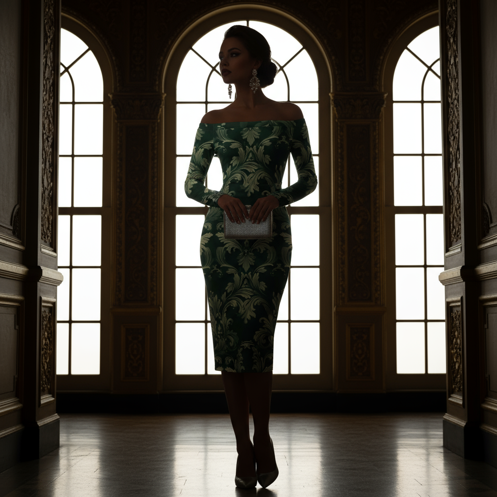 Model wearing Green Victorian Damask Off Shoulder midi bodycon wrap dress by Angelic Blessings Shop in elegant interior