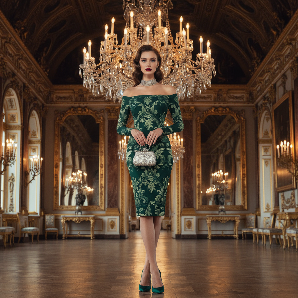 Green Victorian Damask Off Shoulder midi bodycon, wrap dress worn in a grand ornate hall