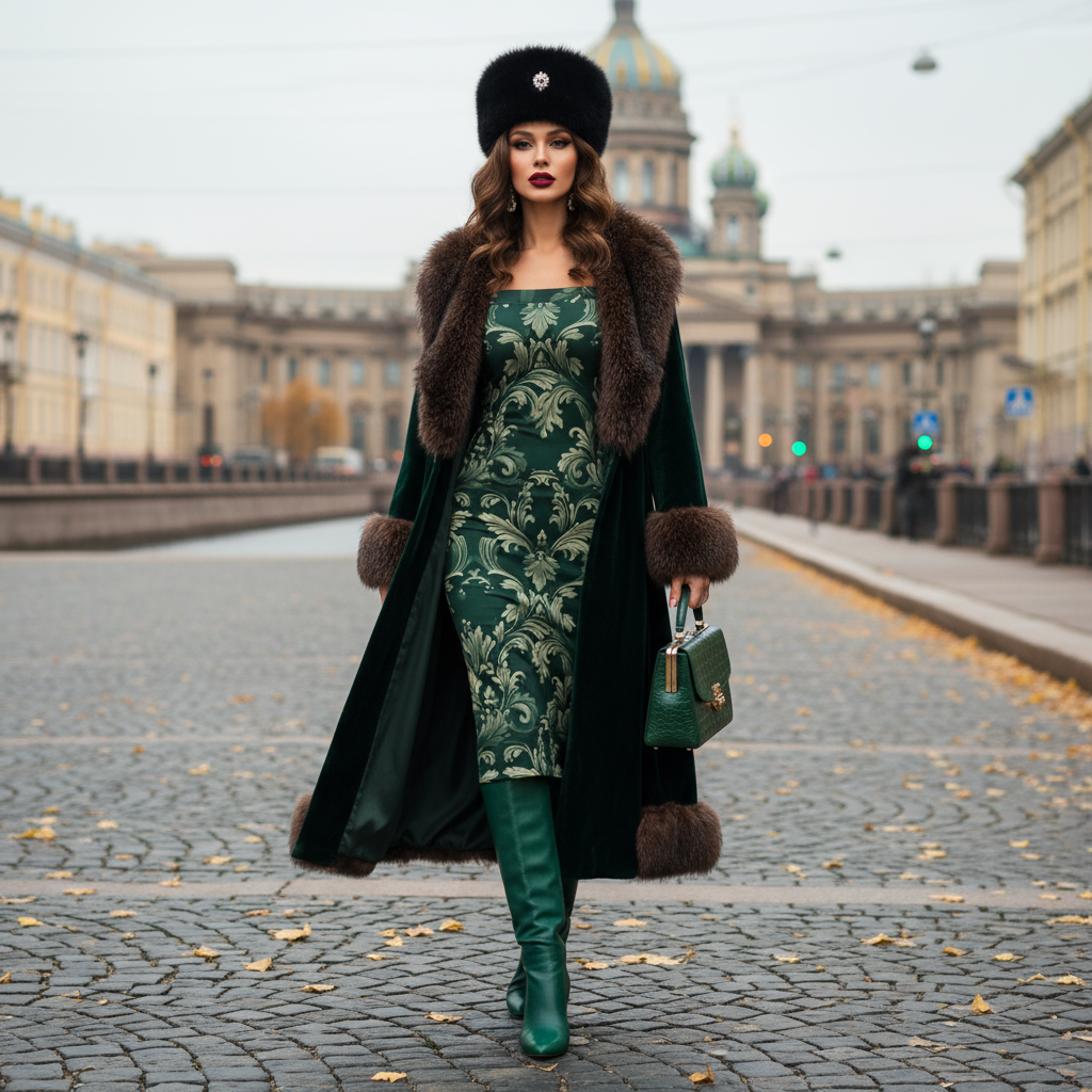 Woman wearing Green Victorian Damask Off Shoulder midi bodycon wrap dress with fur coat and boots walking in city