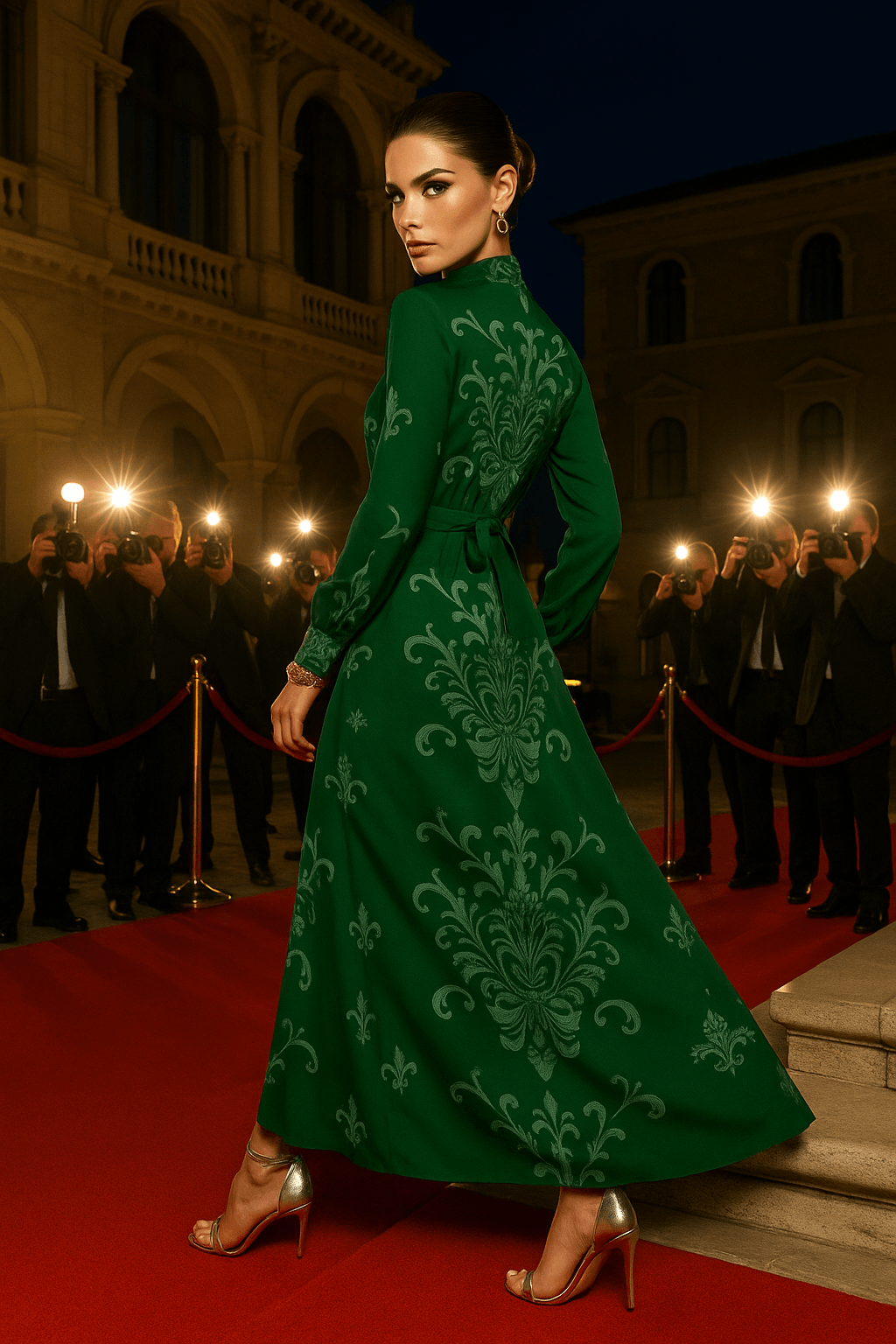 Green Victorian High Neck Maxi Dress by Angelic Blessings worn by model on red carpet with photographers