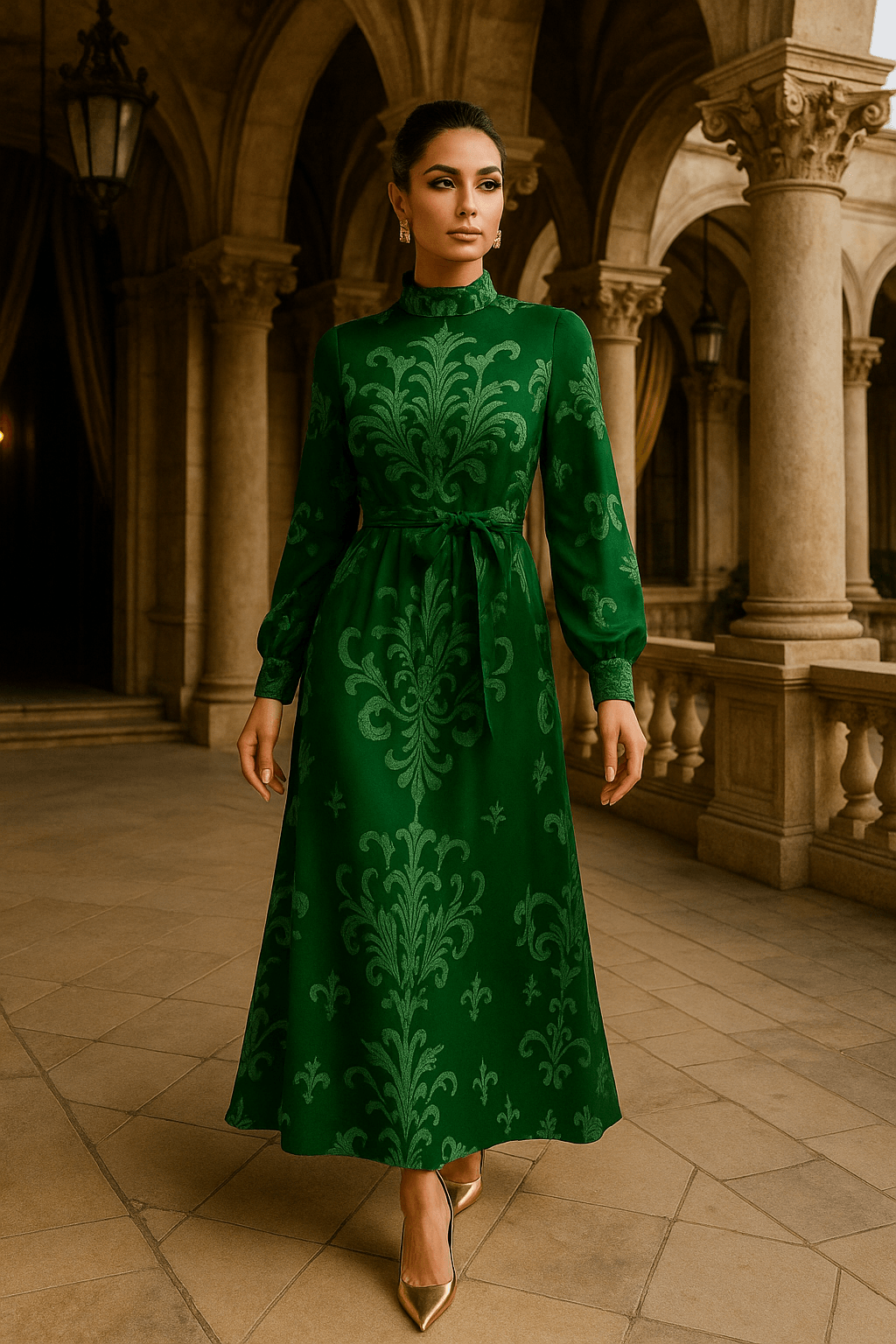 Green Victorian High Neck Maxi Dress by Angelic Blessings with long sleeves and intricate pattern