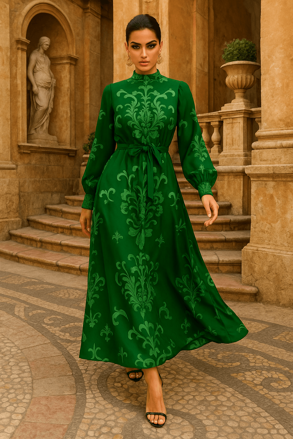 Angelic Blessings Green Victorian High Neck Maxi Dress with long sleeves and elegant patterned fabric