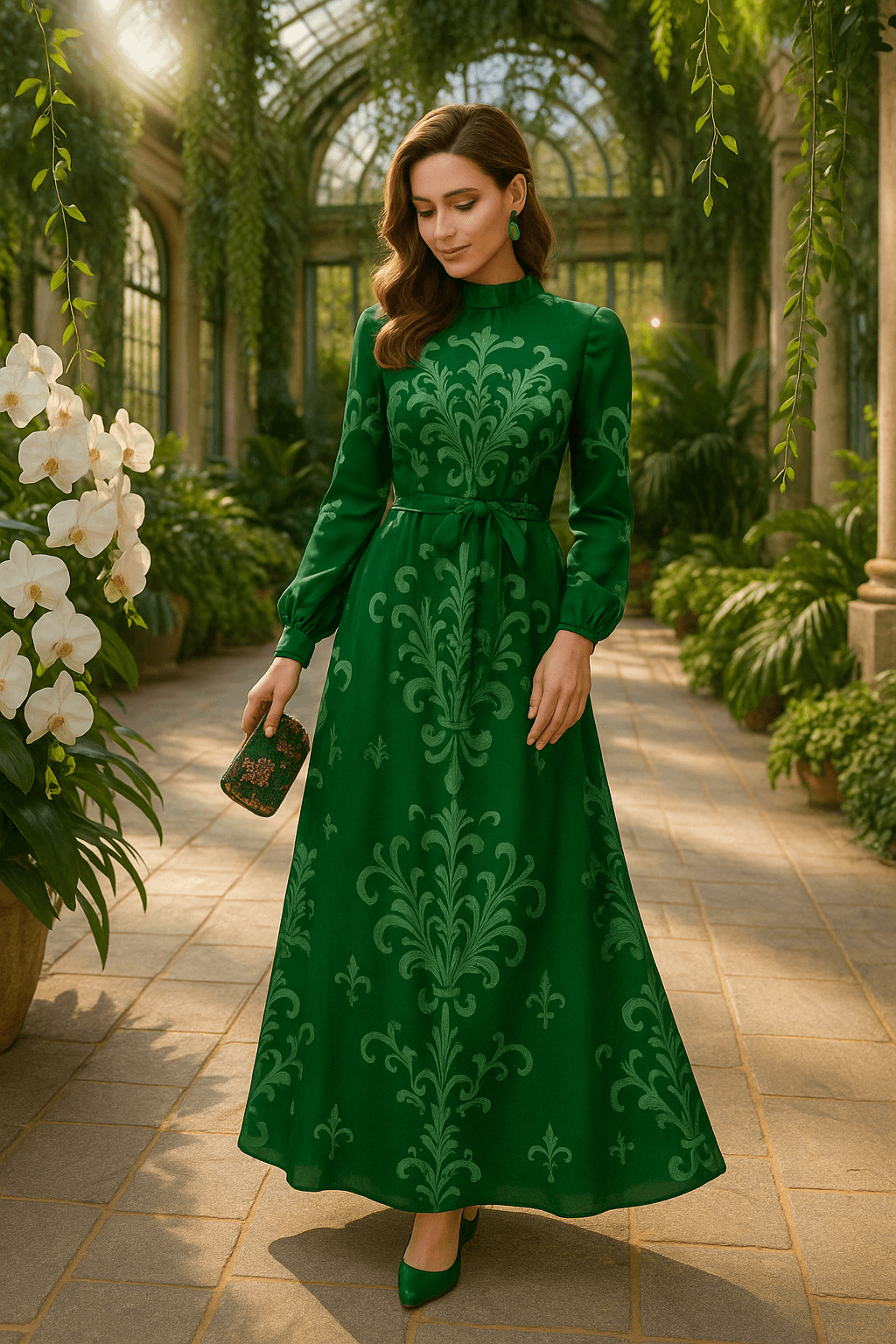 Green Victorian High Neck Maxi Dress by Angelic Blessings with long sleeves and elegant patterned design