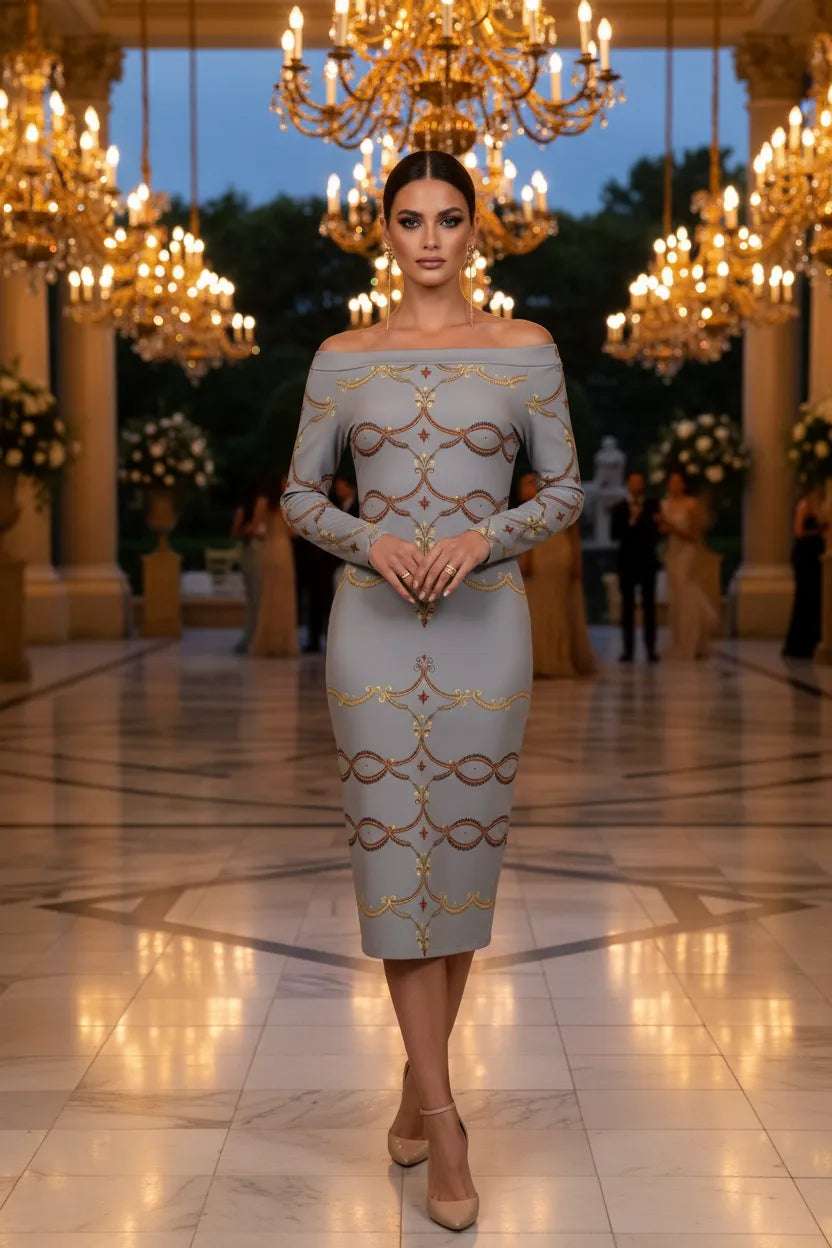 Grey gold chain print off shoulder dress by Angelic Blessing Shop modeled in elegant chandelier hallway