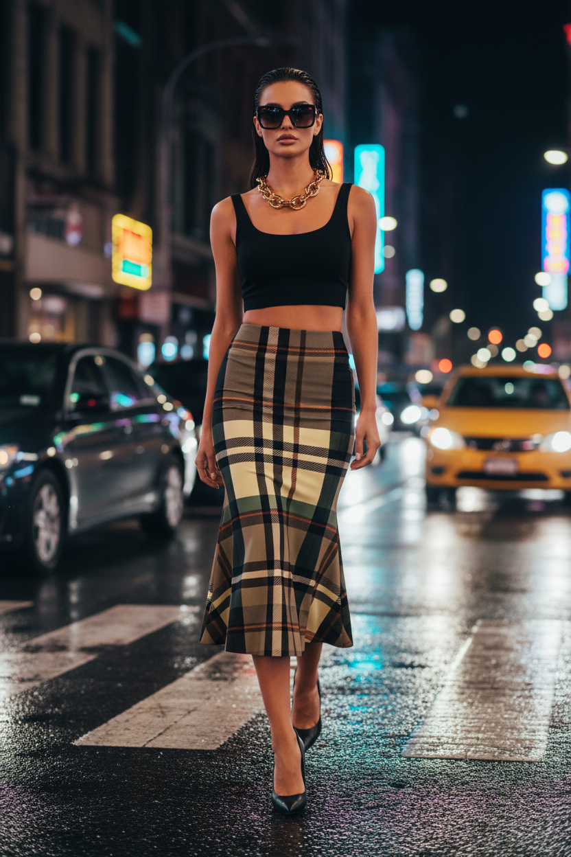 Grey-Green Tartan Fishtail Skirt High Waist maxi skirt elegant evening outfit