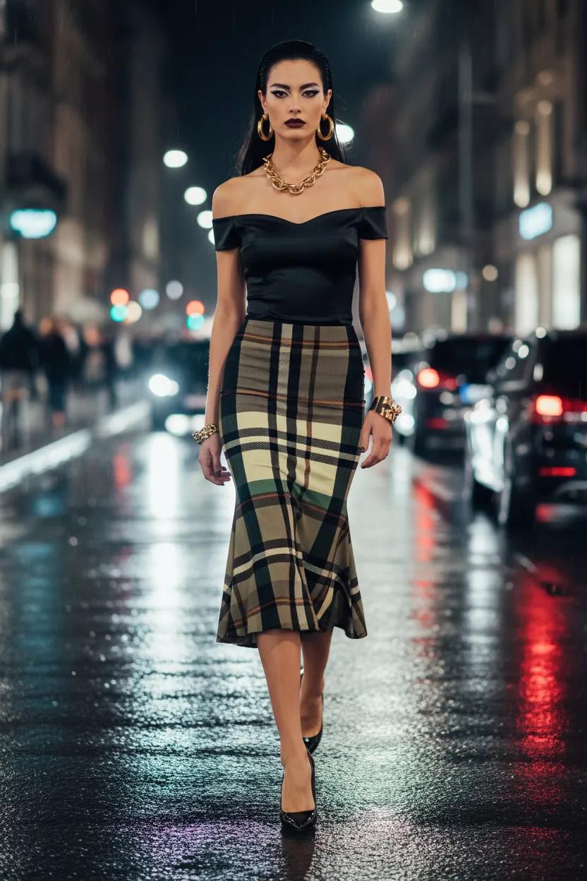Grey-Green Tartan Fishtail Skirt High Waist maxi skirt Elegant evening outfit