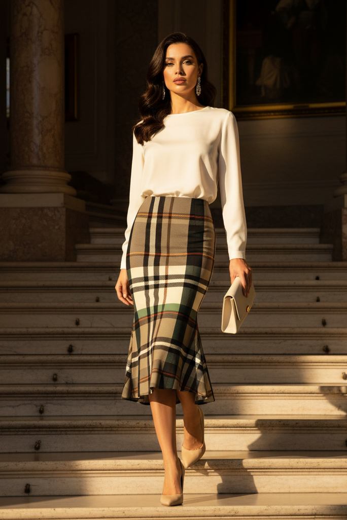 Grey-Green Tartan Fishtail Skirt High Waist maxi skirt elegant evening outfit with classic design