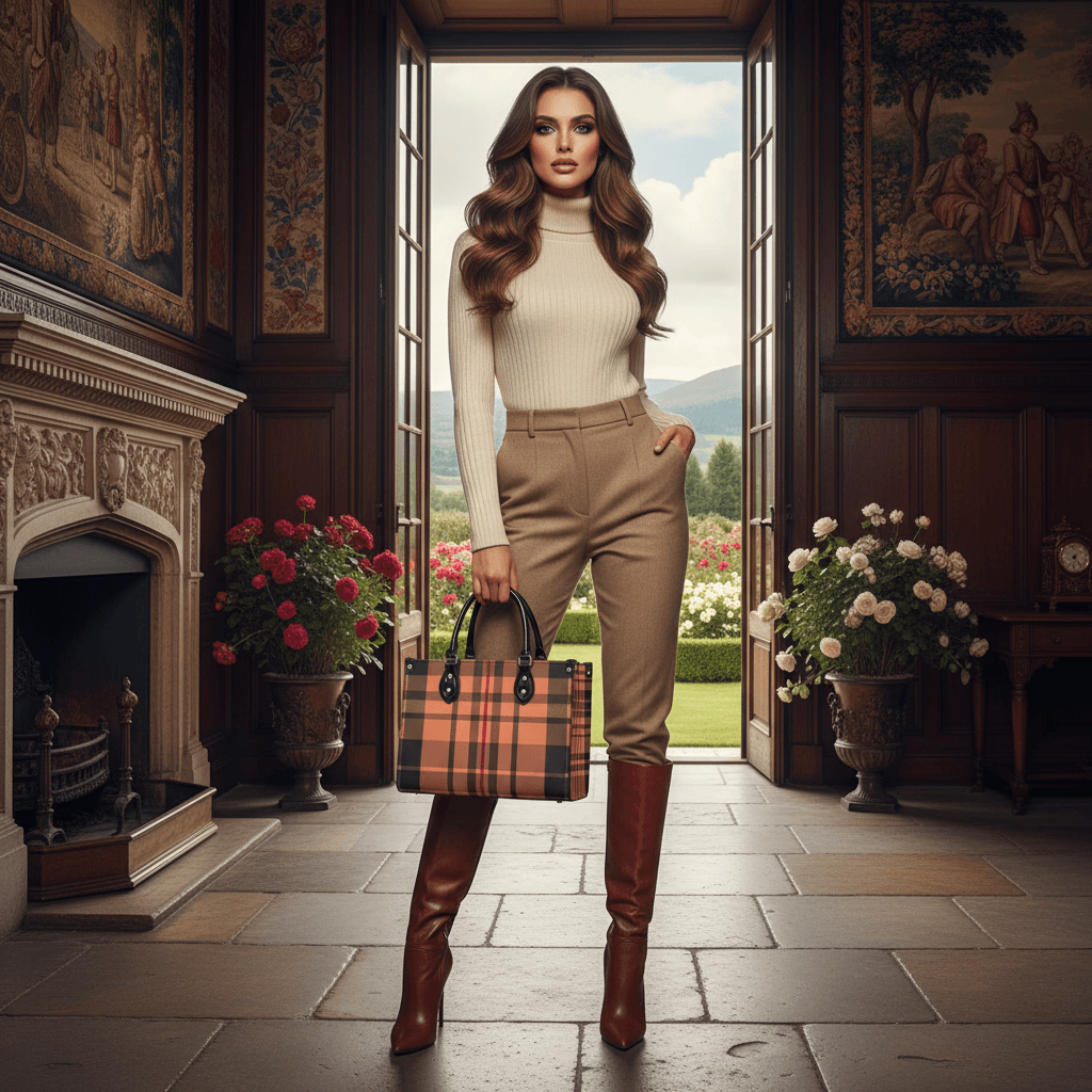 Woman holding a heritage inspired designer handbags in a classic room with floral decorations