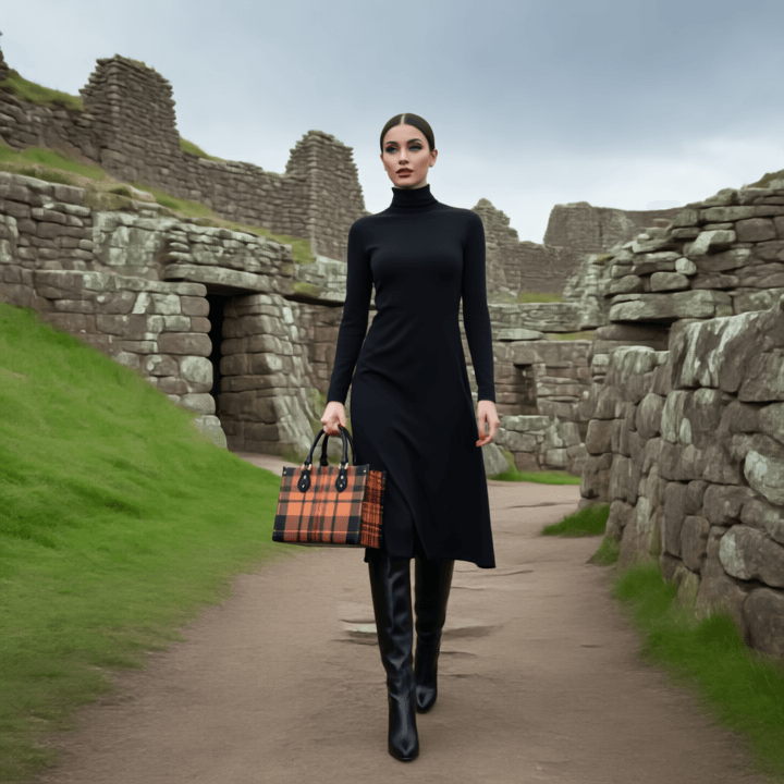 Woman in black dress walking with heritage inspired designer handbags at ancient stone ruins