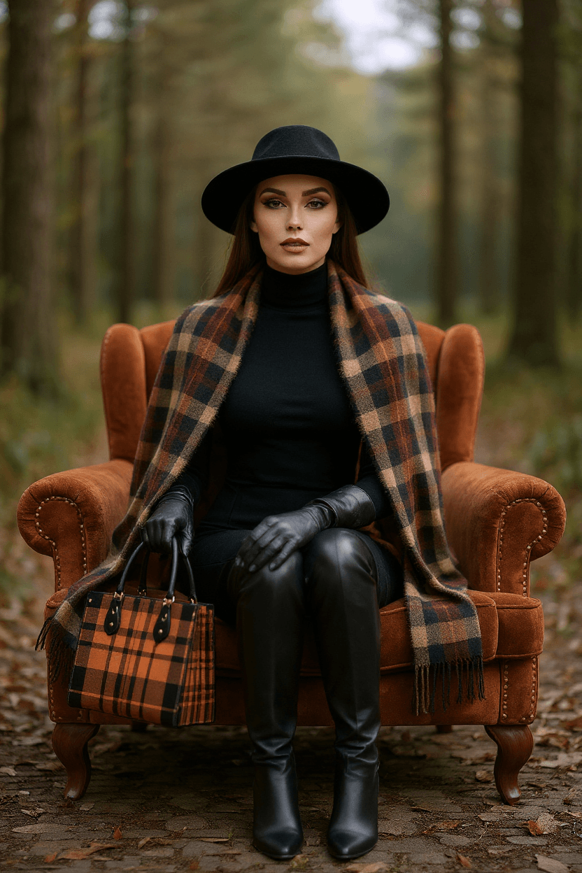 Woman in black hat and coat sitting on vintage chair holding heritage inspired designer handbags in forest