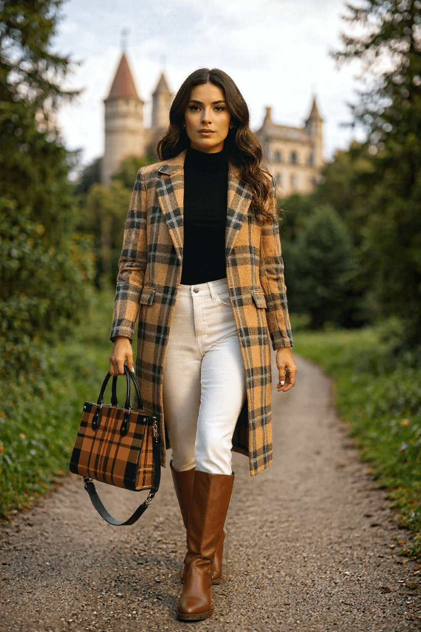 Woman walking outdoors wearing plaid coat holding heritage inspired designer handbags from Angelic Blessings Shop