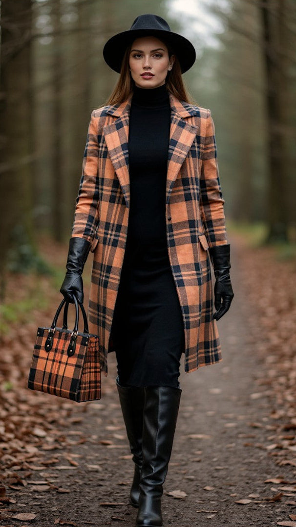Woman carrying heritage inspired designer handbags from Angelic Blessings Shop wearing plaid coat and black accessories