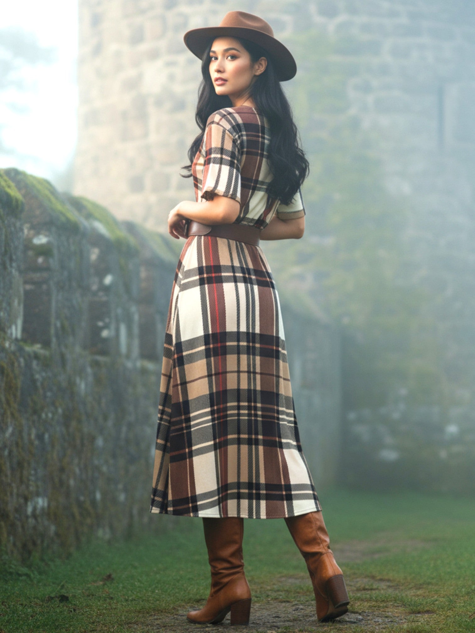 Woman wearing heritage inspired midi dress plus size with plaid pattern and brown boots outdoors