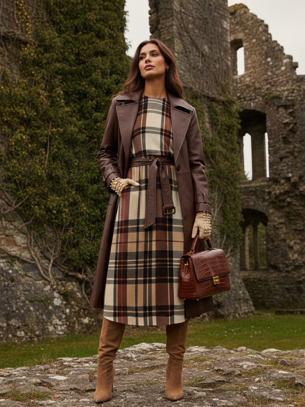 Heritage inspired midi dress plus size with plaid pattern styled with brown trench coat and boots
