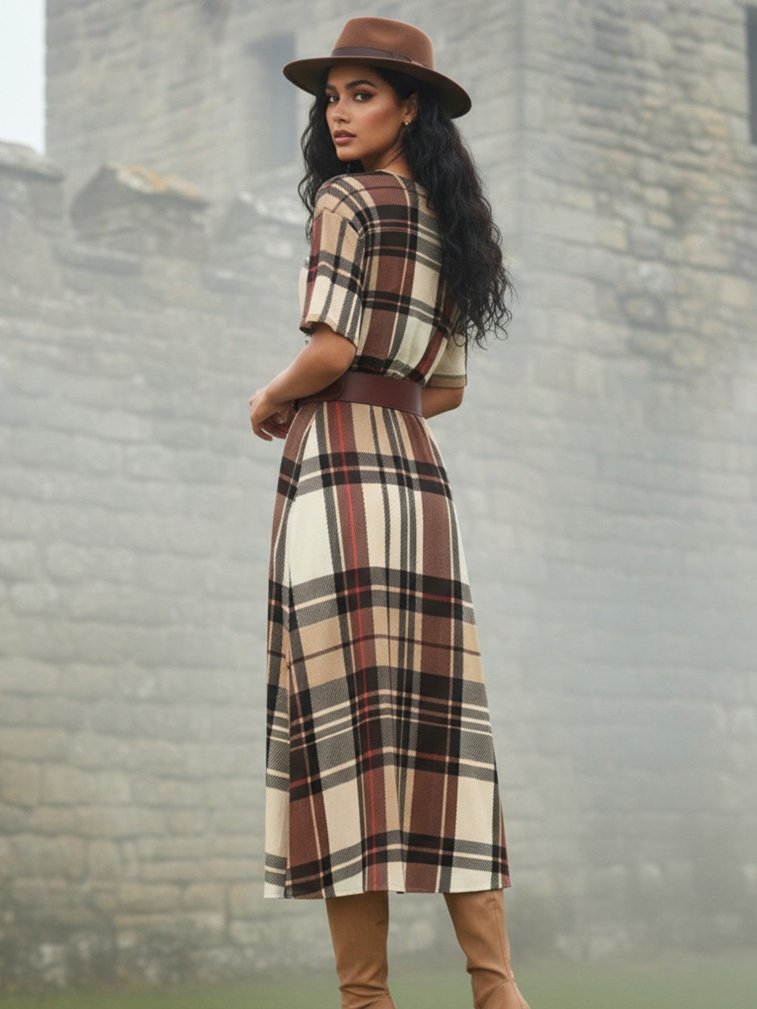 Heritage inspired midi dress plus size with brown plaid pattern and wide belt by Angelic Blessings Shop