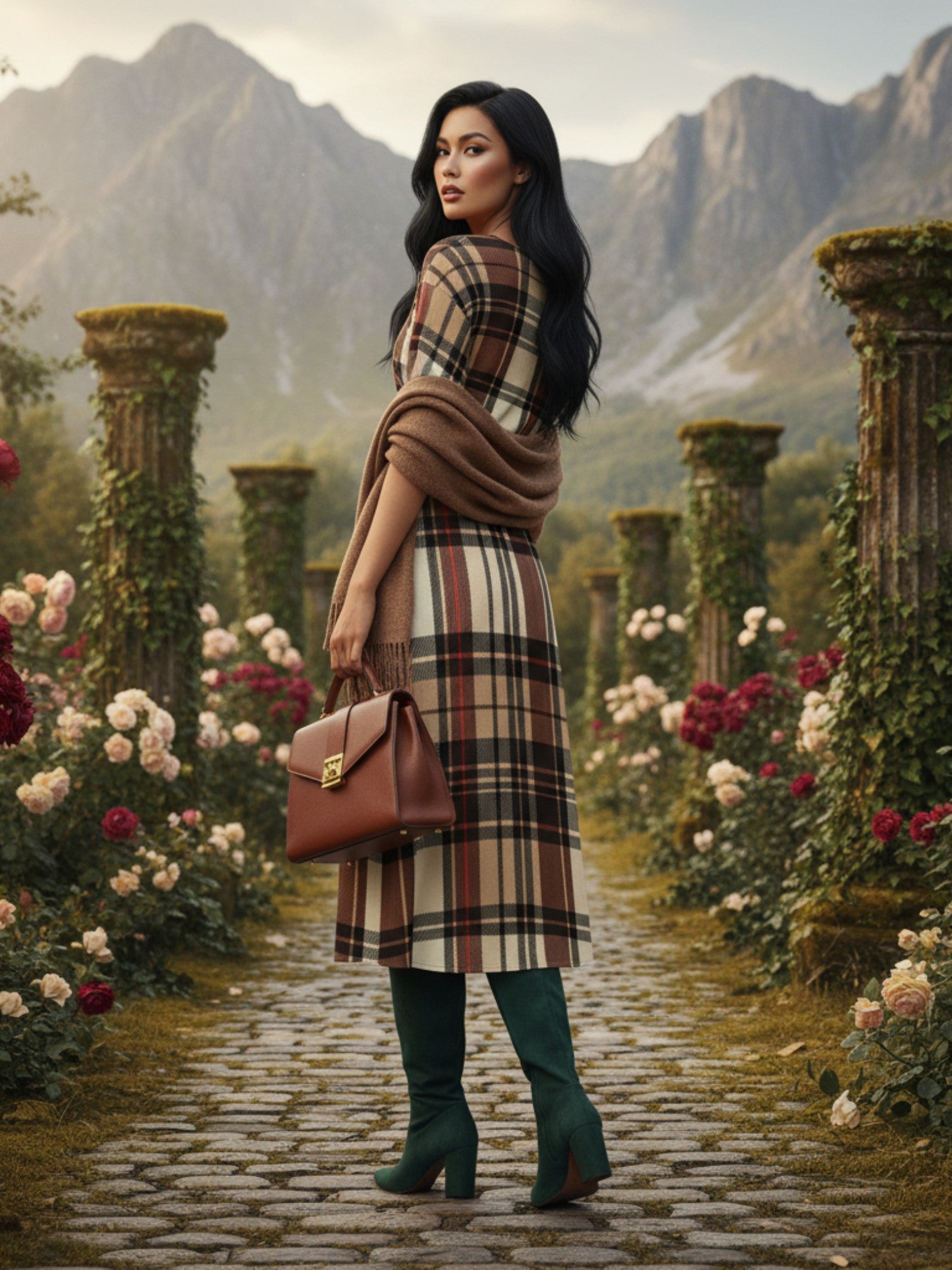 Angelic Blessings Shop heritage inspired midi dress plus size with plaid pattern and green boots in garden