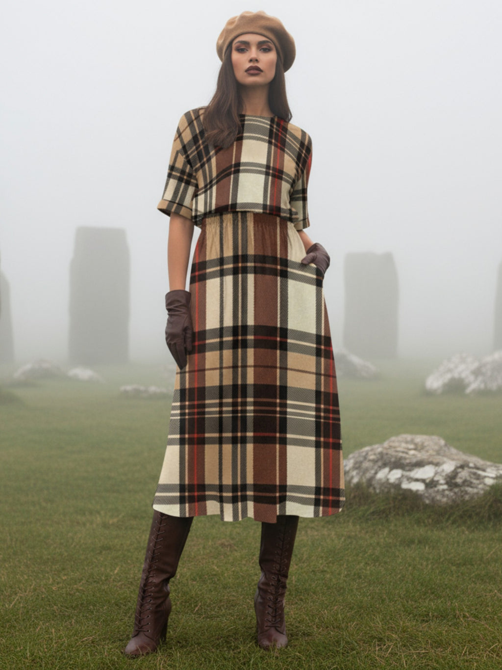 Back view of Dromberg Tartan Women’s Midi Dress – brown plaid pattern and knee-length silhouette