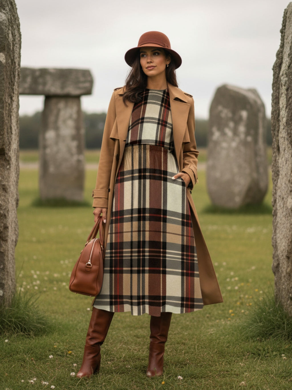 Woman wearing heritage inspired midi dress plus size with plaid pattern and brown trench coat at outdoor stone circle