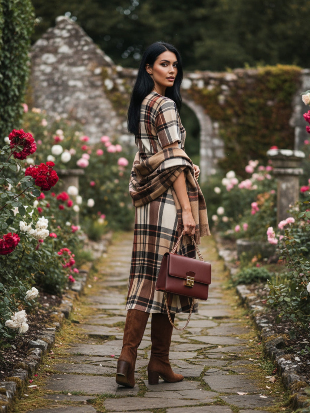 Heritage inspired midi dress plus size plaid dress styled with knee-high brown boots and a matching shawl