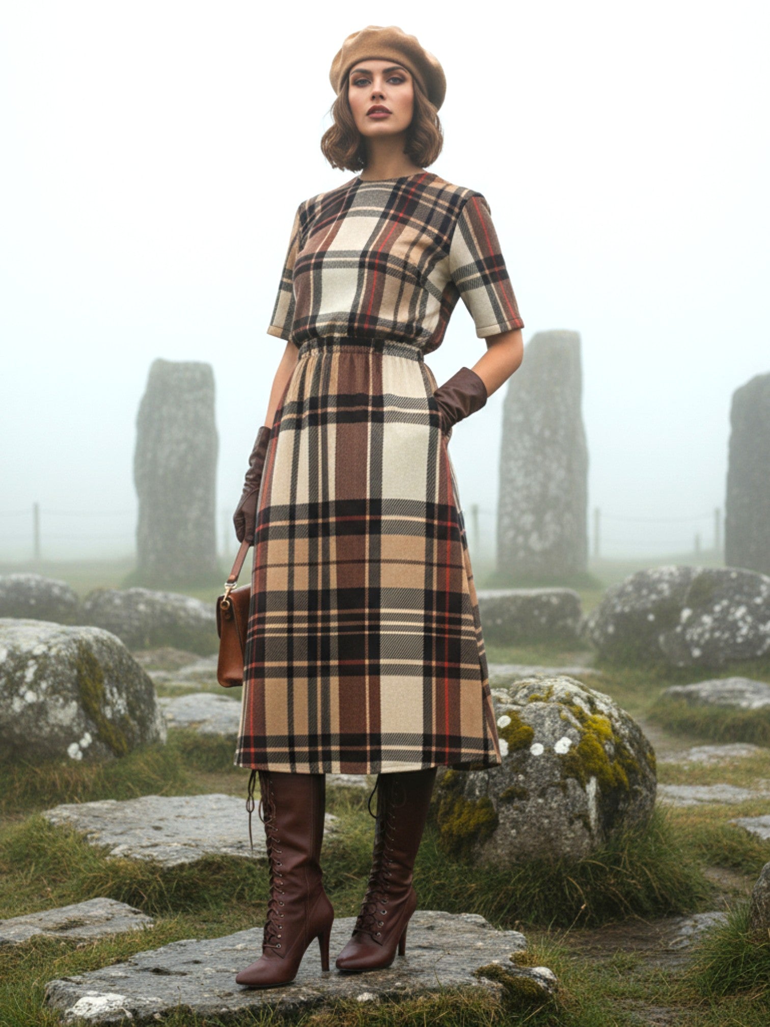 Angelic Blessings Shop heritage inspired midi dress plus size plaid pattern with short sleeves and belt