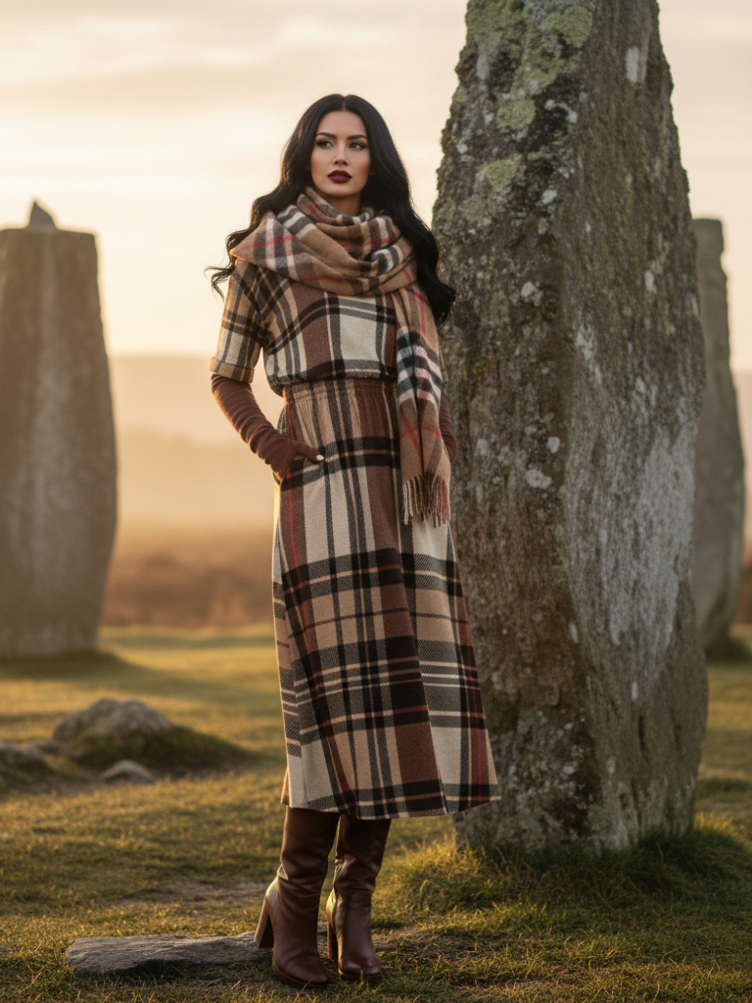 Front view of Dromberg Tartan Women’s Midi Dress – plaid elegance from Angelic Blessings Shop