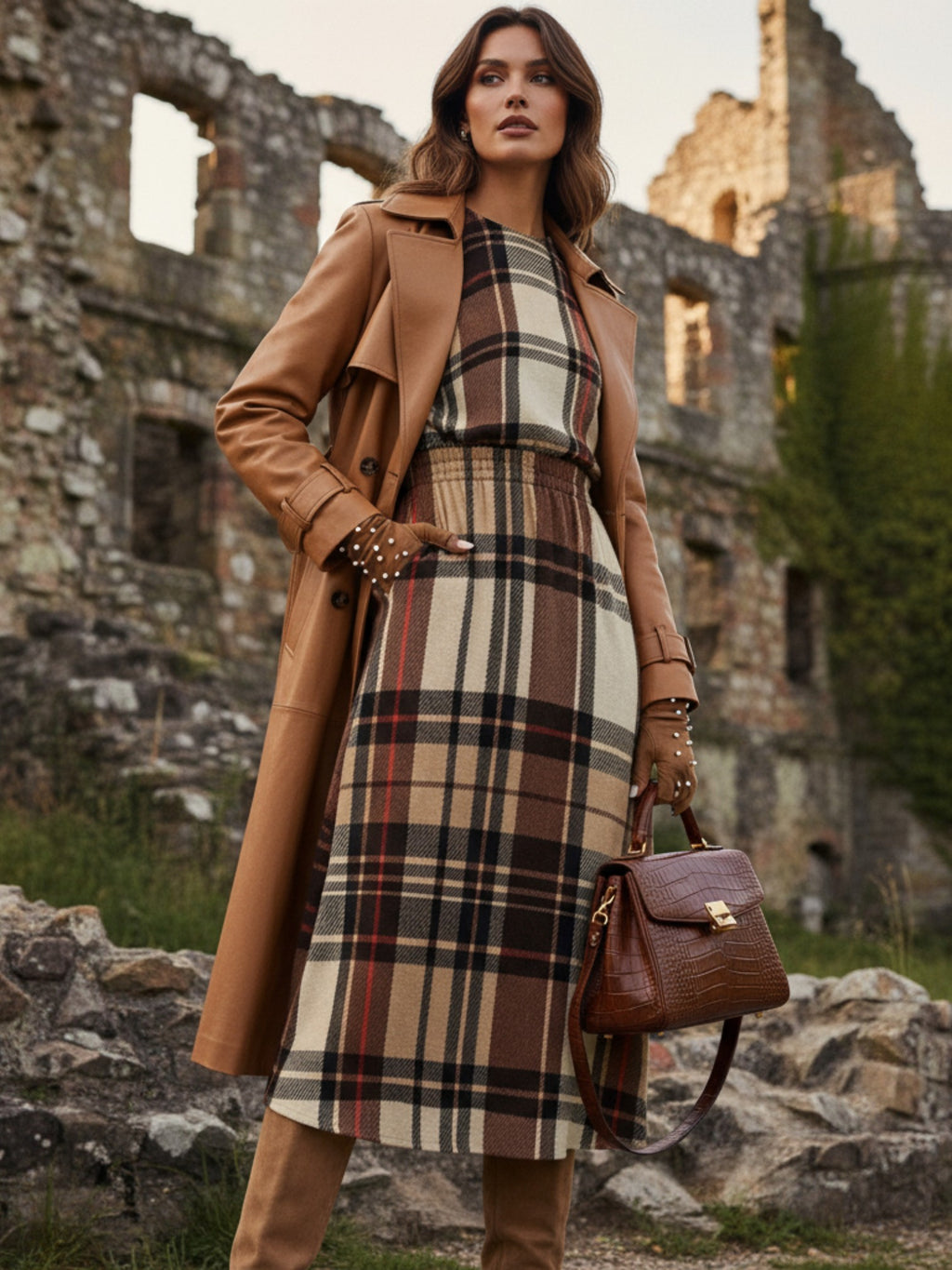 Heritage inspired midi dress plus size in plaid pattern styled with camel trench coat and brown handbag