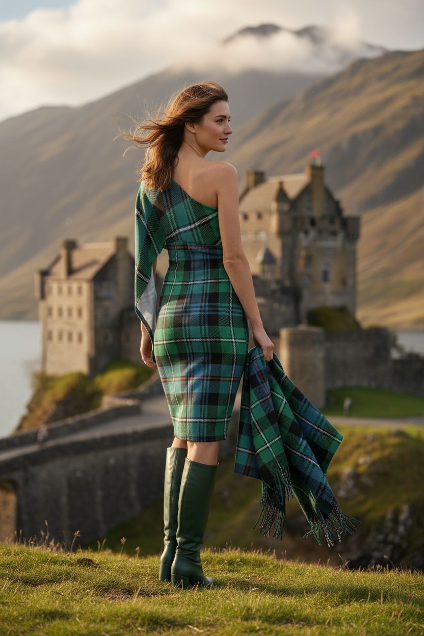 Heritage plaid one-shoulder dress inspired by Scottish fashion