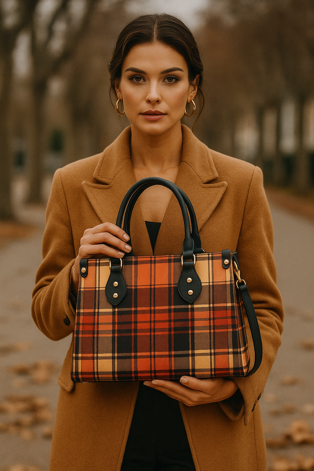 Heritage style women's handbag in plaid pattern with black handles by Angelic Blessings Shop