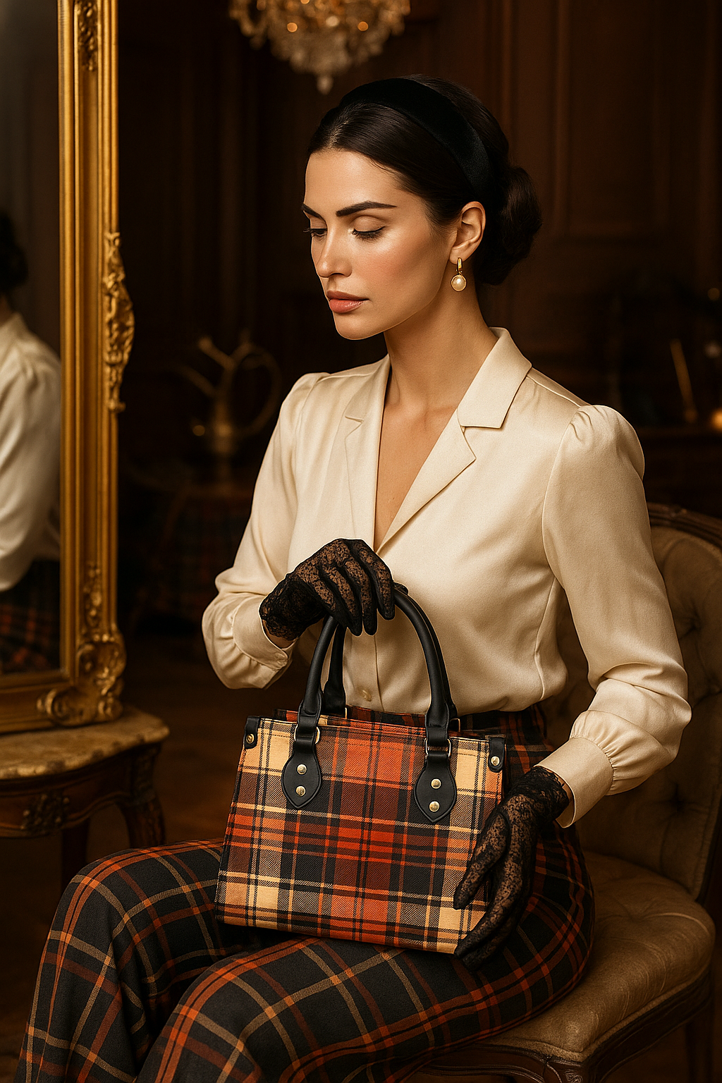 Heritage style women's handbag in plaid pattern held by elegant woman dressed in vintage outfit