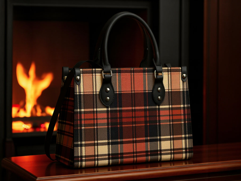 Angelic Blessings Shop heritage style women's handbag with plaid pattern and black handles near fireplace