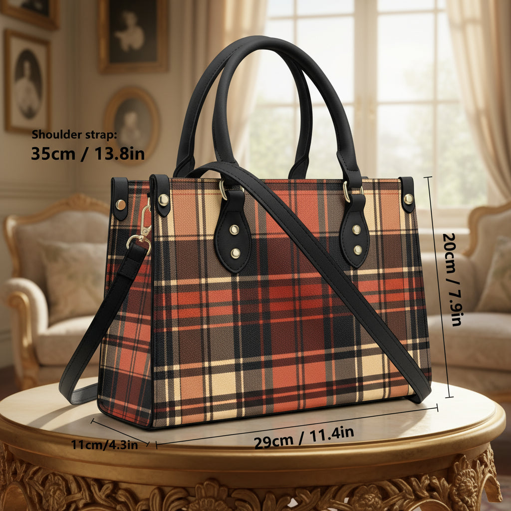 Heritage style women's handbag in plaid pattern with black handles and adjustable shoulder strap