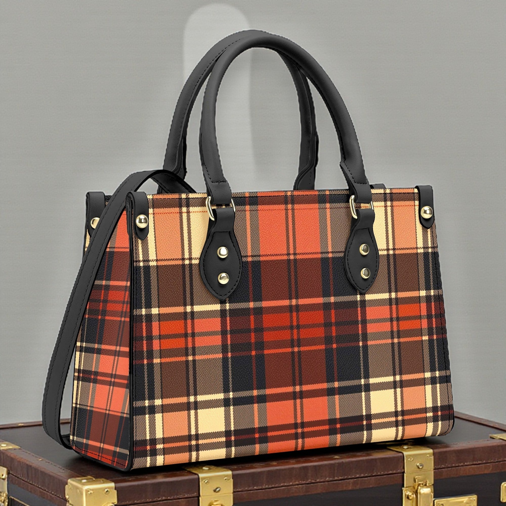 Angelic Blessings Shop heritage style women's handbag with orange plaid pattern and black handles