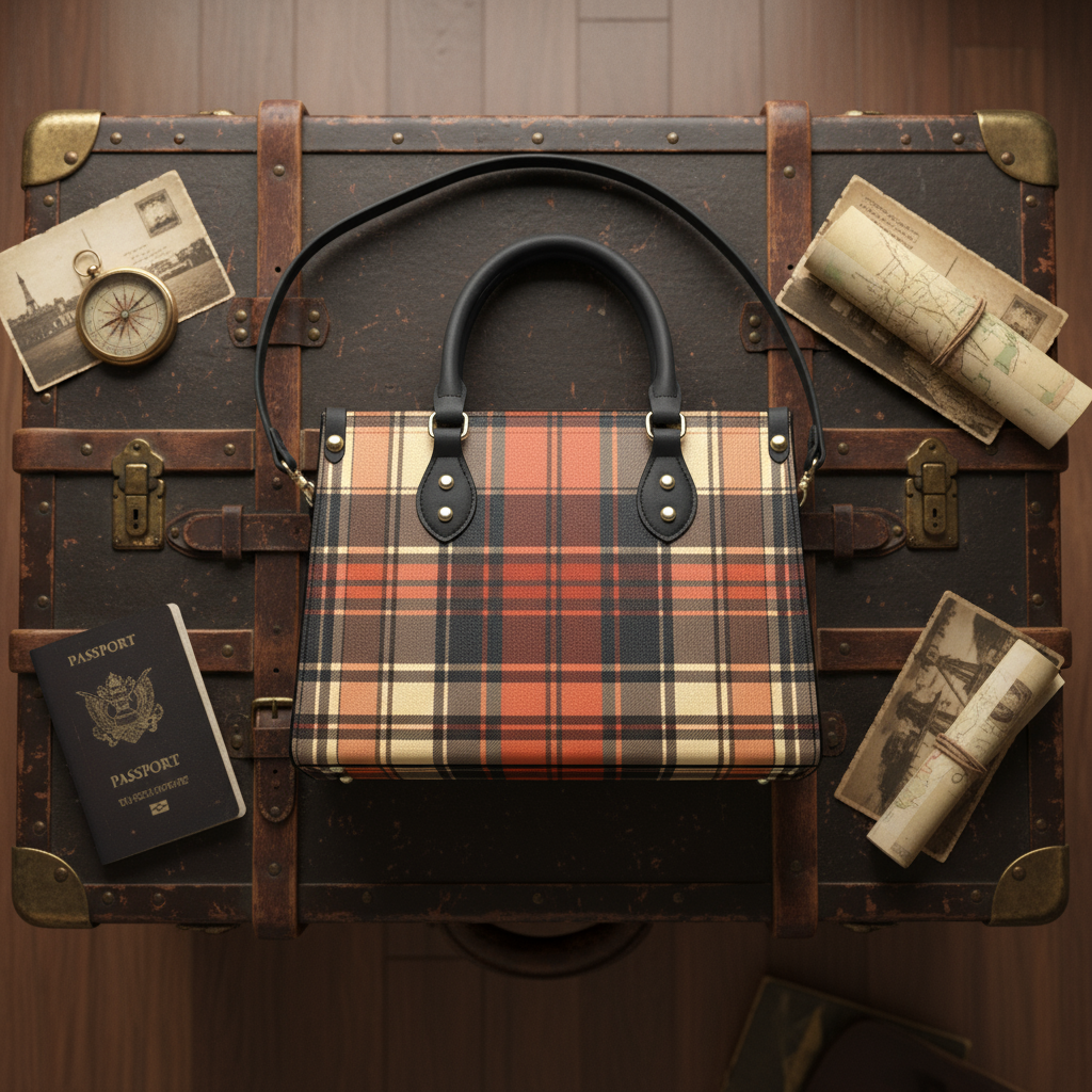 Tartan women's handbag with plaid pattern and black handles 