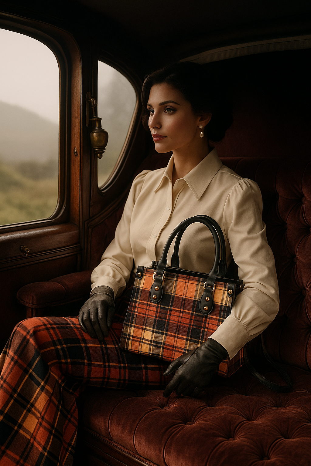 Heritage style women's handbag with plaid pattern and black handles from Angelic Blessings Shop