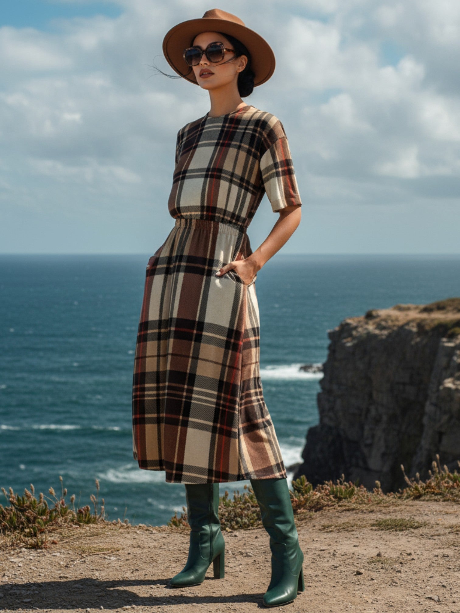 Styled look of heritage-inspired Dromberg Tartan midi dress – perfect autumn outfit