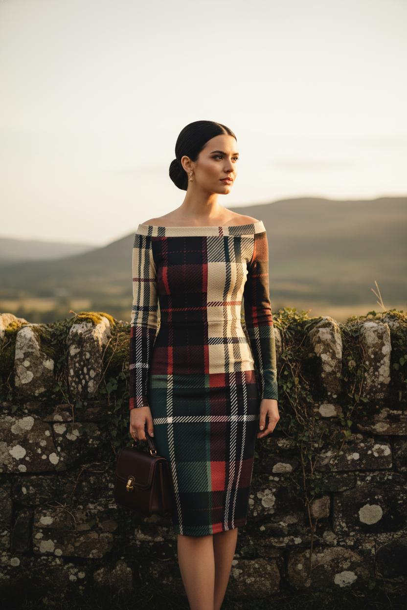 Heritage tartan off shoulder midi dress with elegant fitted silhouette