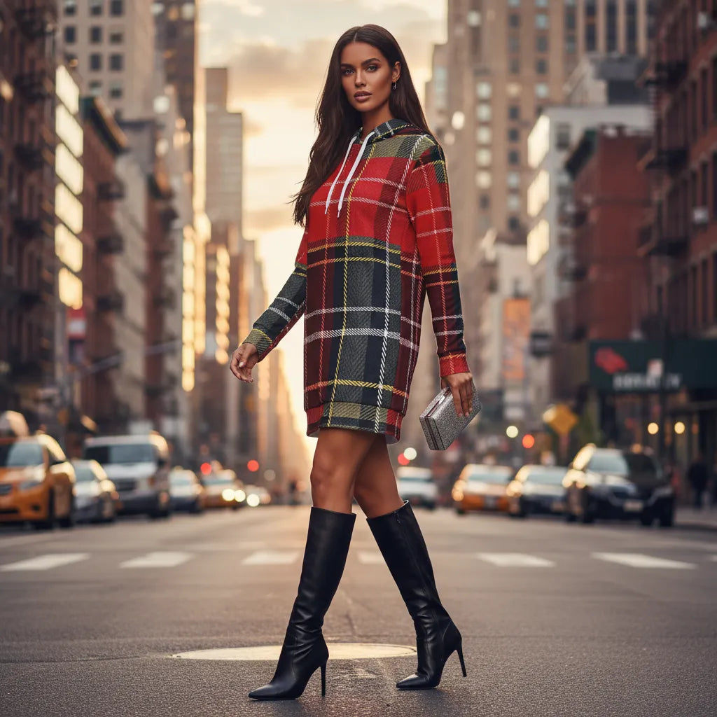 "Scottish tartan hoodie dress in plaid velvet - front view showing off-shoulder design and hood"
