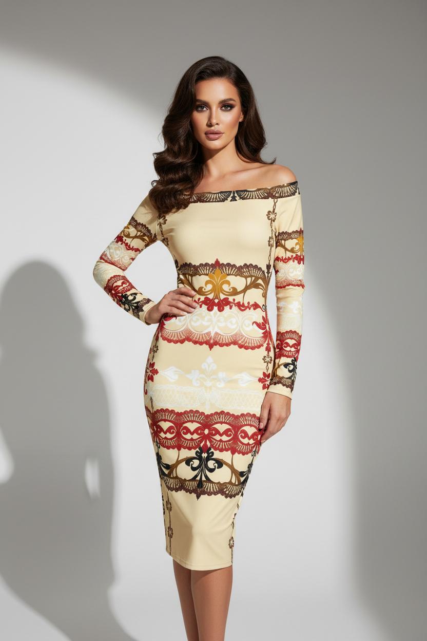 Ivory bodycon midi dress featuring classic off shoulder neckline and long sleeves