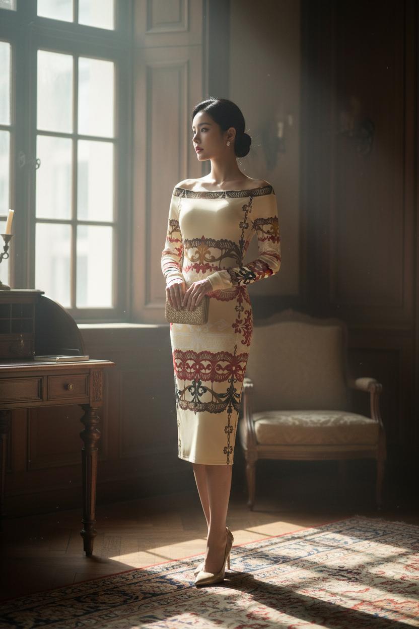 Women’s ivory bodycon midi dress styled in quiet luxury fashion with fitted silhouette