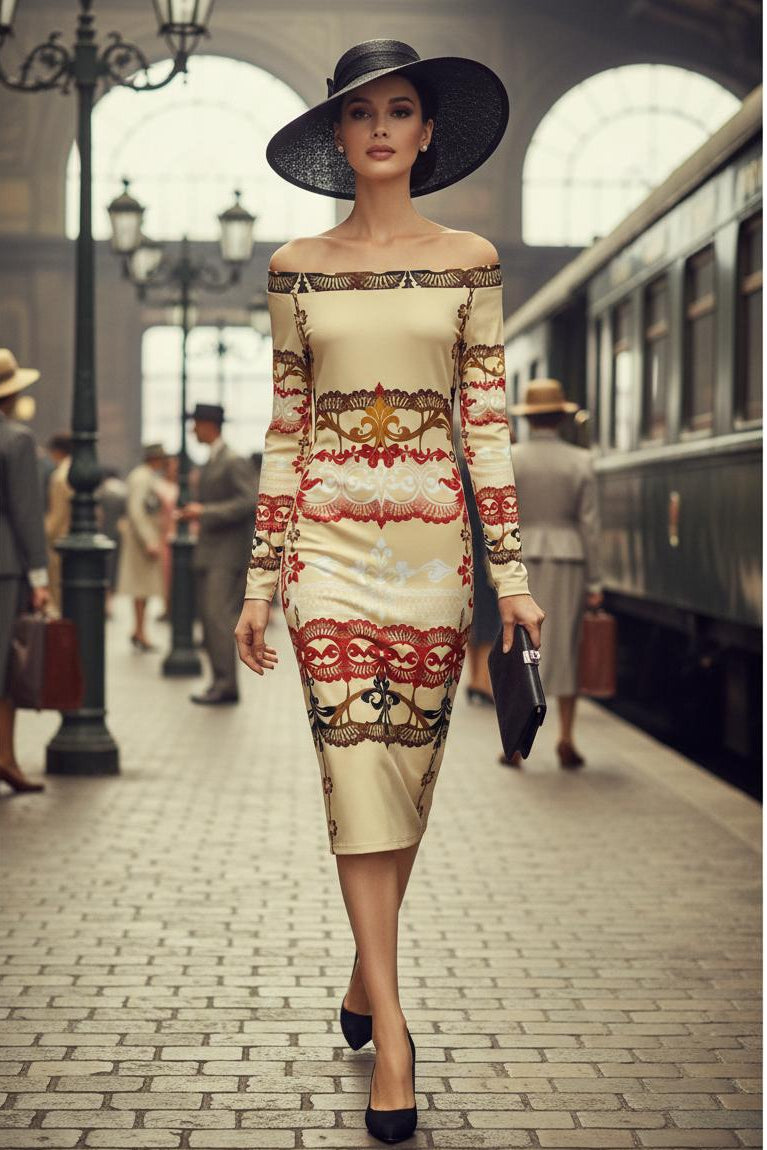 Formal ivory long sleeve off shoulder midi dress with lace inspired pattern