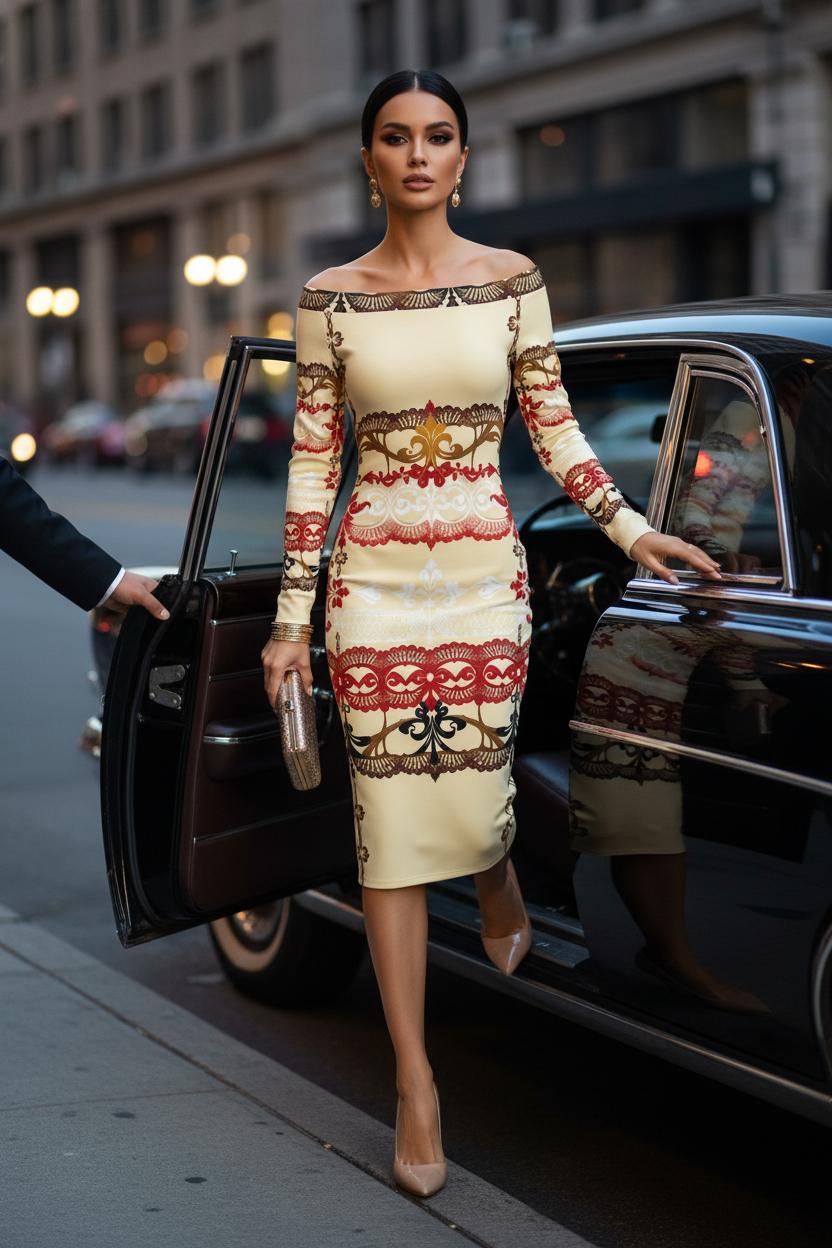 Feminine elegant ivory lace print midi dress with long sleeves and wrap fit