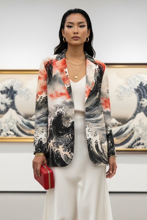 Japanese Ink Art Women's Statemen cotton blazer elegant outfit for evening and formal occasions