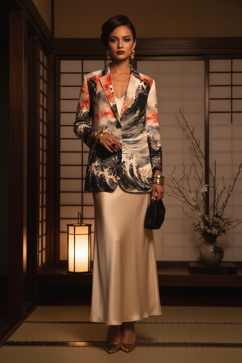 Japanese Ink Art Women's Statemen cotton blazer elegant outfit evening wear stylish