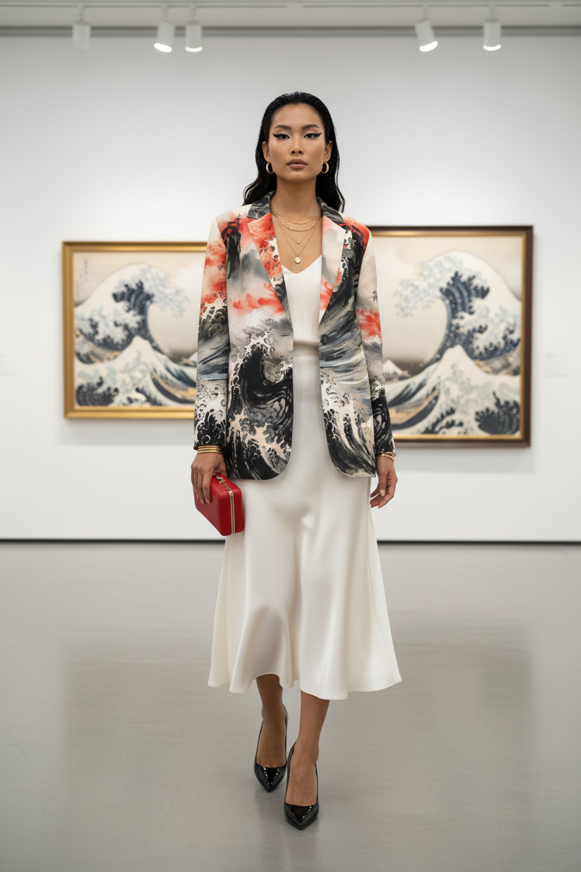 Japanese Ink Art Women's Statemen cotton blazer elegant outfit for evening events